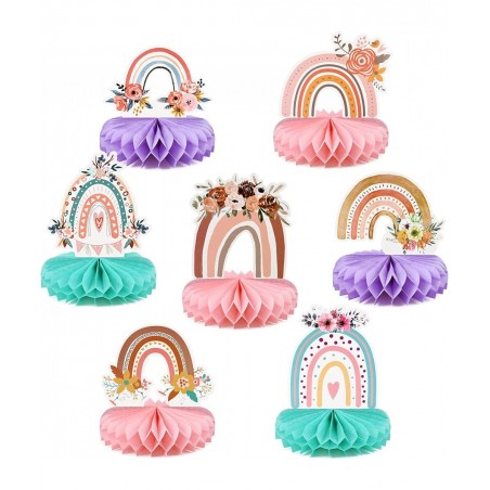 7 Pieces Boho Rainbow Party Decorations Rainbow Honeycomb Centerpieces Boho Rainbow Baby Shower 3D Rainbow Table Decoration f...