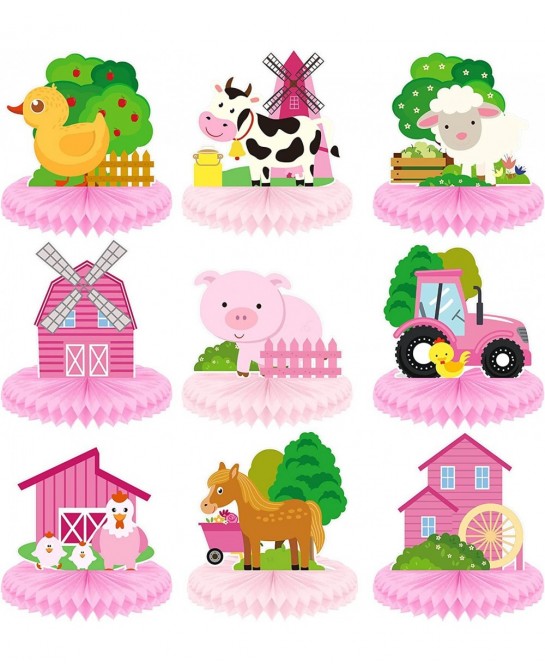 9 Pack Farm Animals Honeycomb Centerpieces Pink Farm Themed Birthday Party Supplies Barn Party Decorations Table Toppers 3D B...