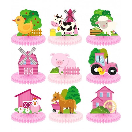 9 Pack Farm Animals Honeycomb Centerpieces Pink Farm Themed Birthday Party Supplies Barn Party Decorations Table Toppers 3D B...