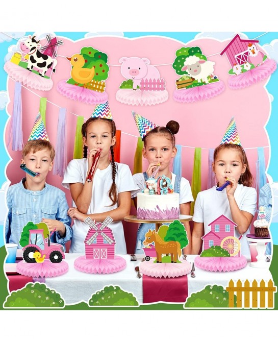 9 Pack Farm Animals Honeycomb Centerpieces Pink Farm Themed Birthday Party Supplies Barn Party Decorations Table Toppers 3D B...