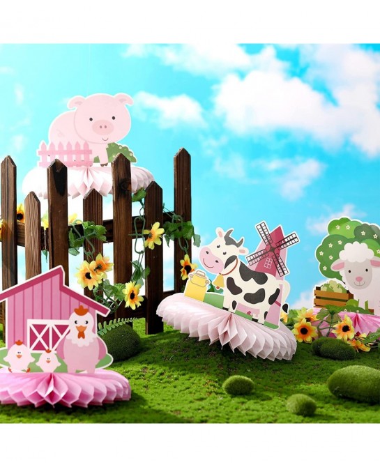 9 Pack Farm Animals Honeycomb Centerpieces Pink Farm Themed Birthday Party Supplies Barn Party Decorations Table Toppers 3D B...