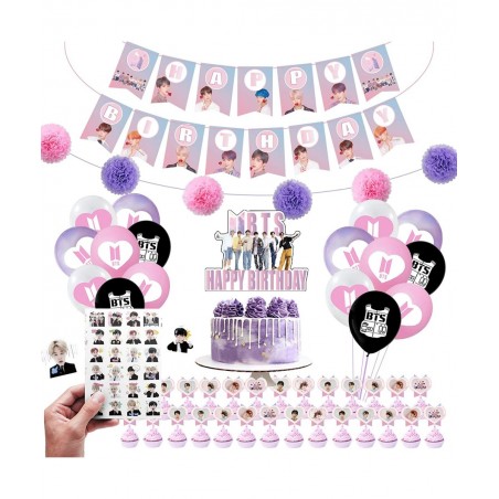 BTS Birthday Party Kit Supplies For Bangtan Boys includes Banner - 1 Cake Topper - 24 Cupcake Toppers - 16 Balloons - 40 Stic...