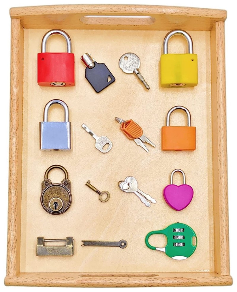 Montessori Lock and Key Toy Set Wooden Tray Montessori Materials Homeschool Preschool Educationl Toys for 3+ Year Old Toddler...