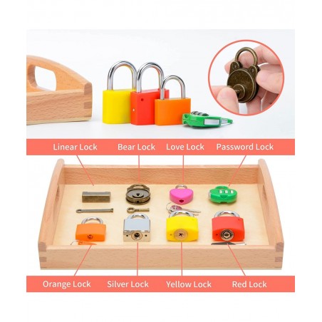 Montessori Lock and Key Toy Set Wooden Tray Montessori Materials Homeschool Preschool Educationl Toys for 3+ Year Old Toddler...