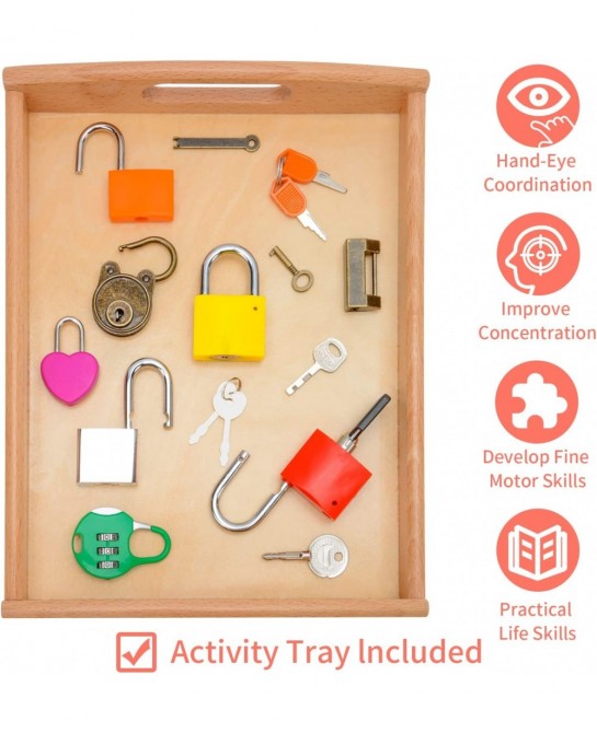 Montessori Lock and Key Toy Set Wooden Tray Montessori Materials Homeschool Preschool Educationl Toys for 3+ Year Old Toddler...