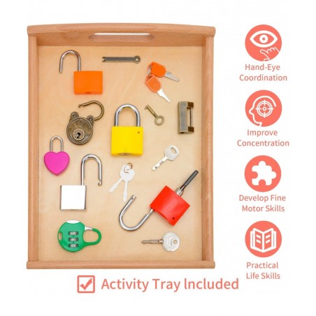 Montessori Lock and Key Toy Set Wooden Tray Montessori Materials Homeschool Preschool Educationl Toys for 3+ Year Old Toddler...