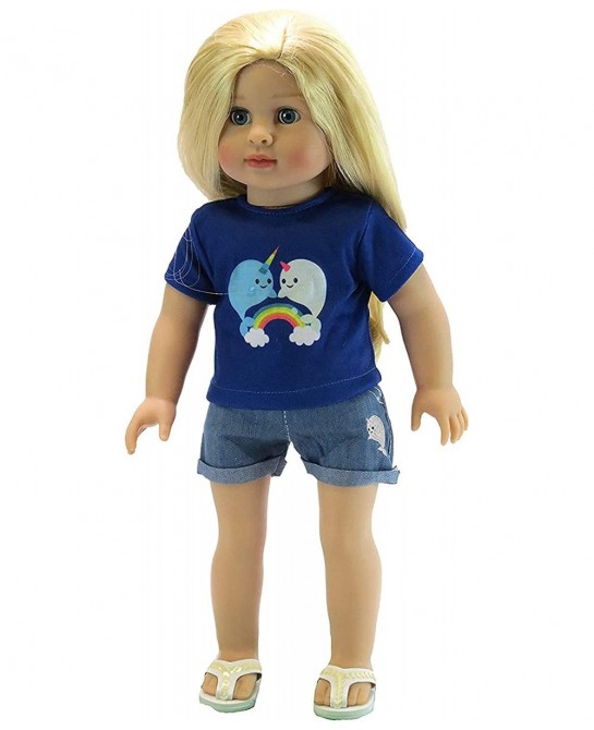 Rainbow Narwhal Short Set Made for 18 inch Dolls $17.36 Doll Accessories
