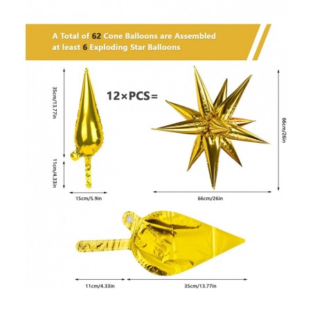 62 Pieces Gold Balloons 26 Inch 12 Point Foil Explosion Star Balloons Starburst Cone Balloons Spike Balloons for Wedding Birt...