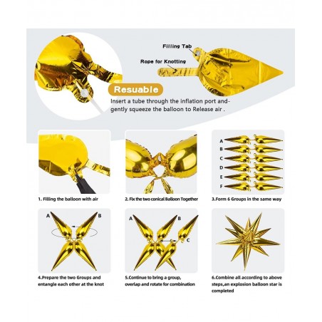 62 Pieces Gold Balloons 26 Inch 12 Point Foil Explosion Star Balloons Starburst Cone Balloons Spike Balloons for Wedding Birt...
