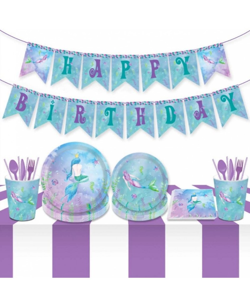 Mermaid Birthday Banner Party Supplies Serves 8–Mermaid Dinner Plates Dessert Plates Mermaid Banner Cups and Napkins(61PCS) $...