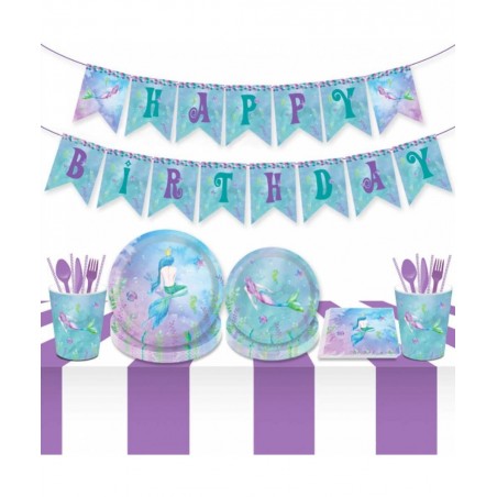 Mermaid Birthday Banner Party Supplies Serves 8–Mermaid Dinner Plates Dessert Plates Mermaid Banner Cups and Napkins(61PCS) $...