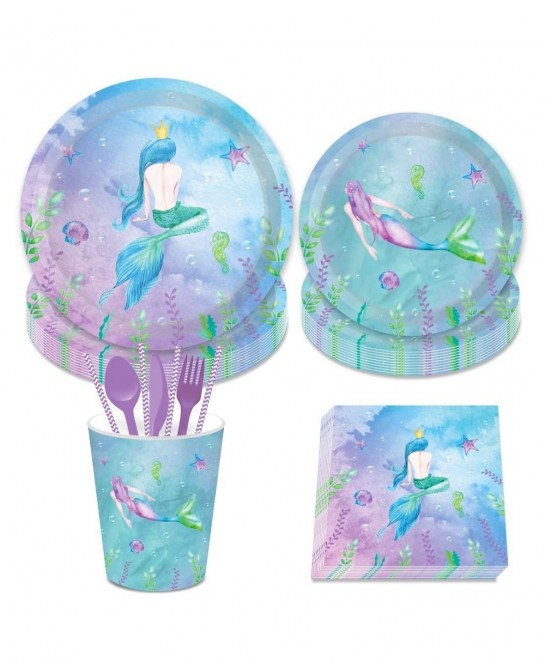 Mermaid Birthday Banner Party Supplies Serves 8–Mermaid Dinner Plates Dessert Plates Mermaid Banner Cups and Napkins(61PCS) $...