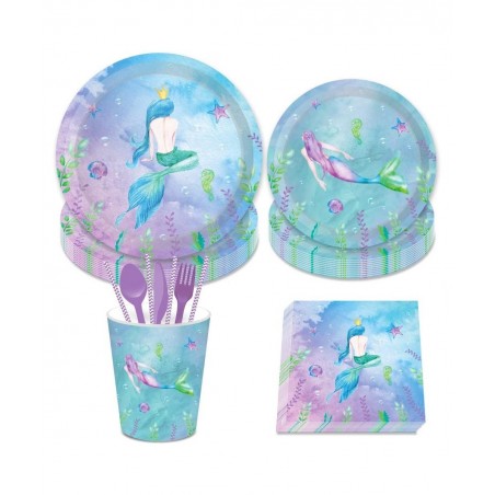 Mermaid Birthday Banner Party Supplies Serves 8–Mermaid Dinner Plates Dessert Plates Mermaid Banner Cups and Napkins(61PCS) $...