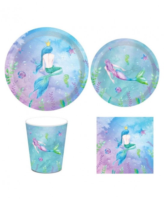 Mermaid Birthday Banner Party Supplies Serves 8–Mermaid Dinner Plates Dessert Plates Mermaid Banner Cups and Napkins(61PCS) $...