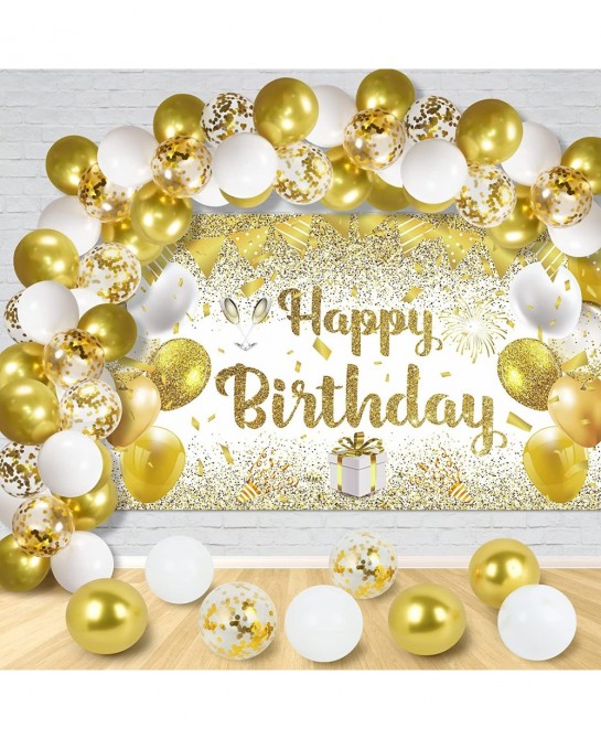 41Pcs Gold White Birthday Party Decorations Gold and White Happy Birthday Backdrop Banner and 40Pcs Gold White Confetti Ballo...
