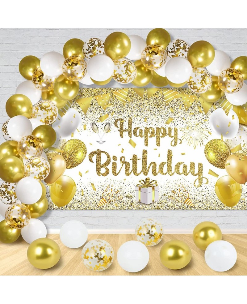 41Pcs Gold White Birthday Party Decorations Gold and White Happy Birthday Backdrop Banner and 40Pcs Gold White Confetti Ballo...