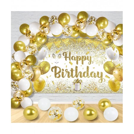 41Pcs Gold White Birthday Party Decorations Gold and White Happy Birthday Backdrop Banner and 40Pcs Gold White Confetti Ballo...