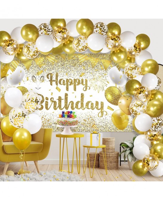 41Pcs Gold White Birthday Party Decorations Gold and White Happy Birthday Backdrop Banner and 40Pcs Gold White Confetti Ballo...