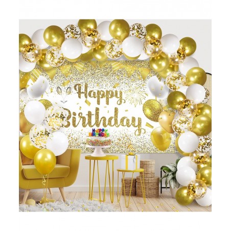 41Pcs Gold White Birthday Party Decorations Gold and White Happy Birthday Backdrop Banner and 40Pcs Gold White Confetti Ballo...