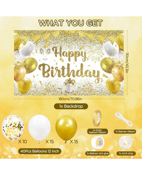 41Pcs Gold White Birthday Party Decorations Gold and White Happy Birthday Backdrop Banner and 40Pcs Gold White Confetti Ballo...