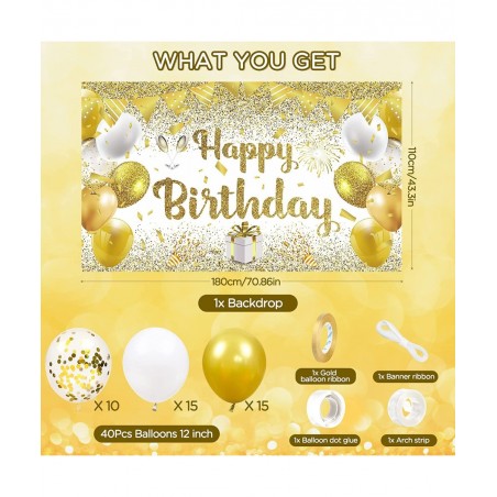 41Pcs Gold White Birthday Party Decorations Gold and White Happy Birthday Backdrop Banner and 40Pcs Gold White Confetti Ballo...