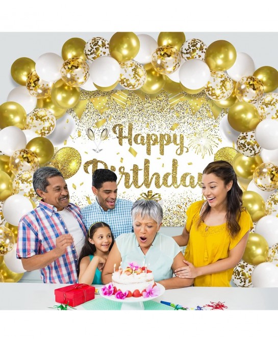 41Pcs Gold White Birthday Party Decorations Gold and White Happy Birthday Backdrop Banner and 40Pcs Gold White Confetti Ballo...