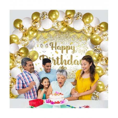 41Pcs Gold White Birthday Party Decorations Gold and White Happy Birthday Backdrop Banner and 40Pcs Gold White Confetti Ballo...
