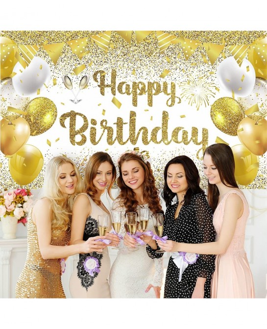 41Pcs Gold White Birthday Party Decorations Gold and White Happy Birthday Backdrop Banner and 40Pcs Gold White Confetti Ballo...
