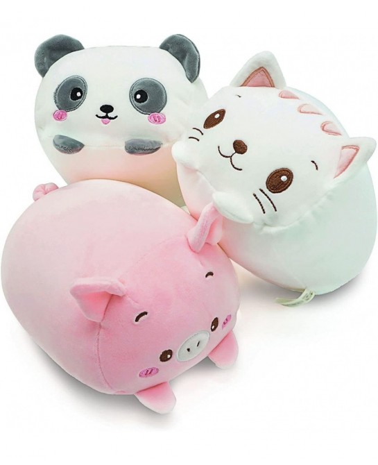 Plush Toys Set 3Pcs Stuffed Animals with Panda Pig and Cat Creative Decoration Cuddly Plush Pillows 9" for Kids Girls Boys (P...