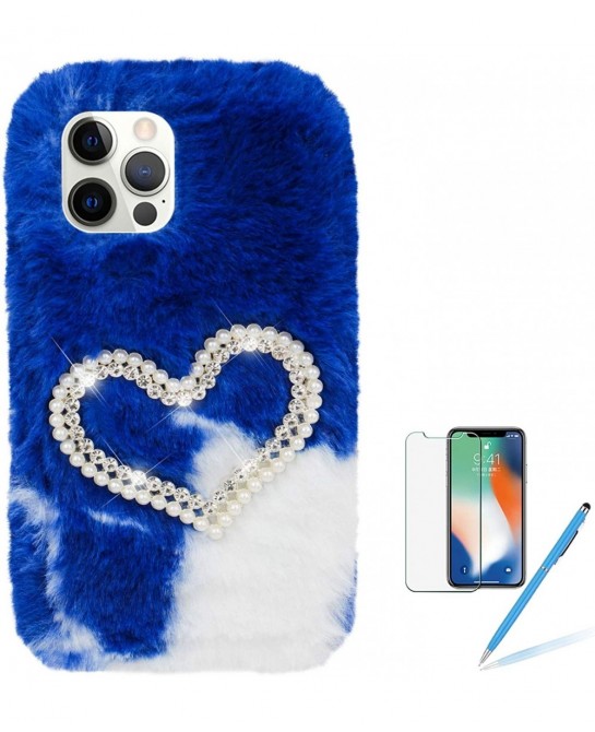 Plush Case for iPhone 12 Mini 5.4 Inch Cute Bling Pearl Diamond Double Love Heart Winter Warm Fluffy Handmade Fur Shell for G...
