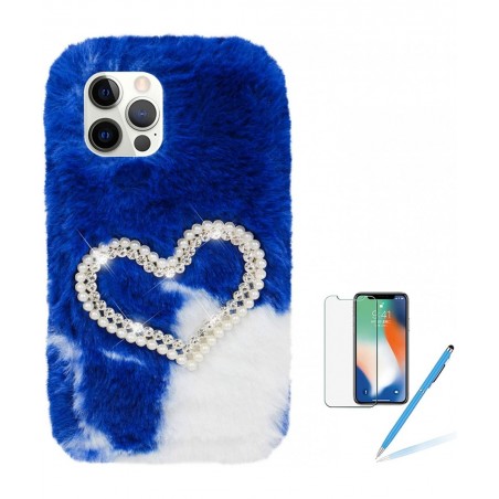 Plush Case for iPhone 12 Mini 5.4 Inch Cute Bling Pearl Diamond Double Love Heart Winter Warm Fluffy Handmade Fur Shell for G...