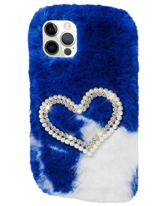 Plush Case for iPhone 12 Mini 5.4 Inch Cute Bling Pearl Diamond Double Love Heart Winter Warm Fluffy Handmade Fur Shell for G...