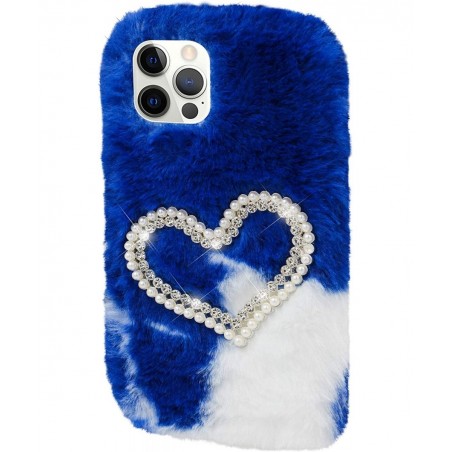 Plush Case for iPhone 12 Mini 5.4 Inch Cute Bling Pearl Diamond Double Love Heart Winter Warm Fluffy Handmade Fur Shell for G...