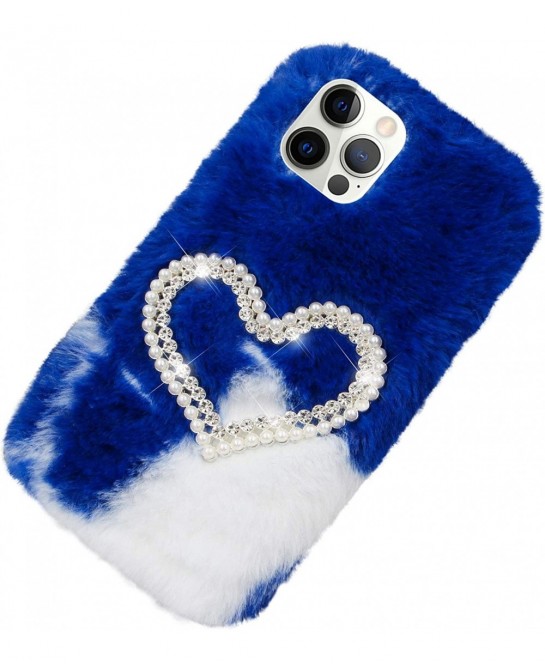 Plush Case for iPhone 12 Mini 5.4 Inch Cute Bling Pearl Diamond Double Love Heart Winter Warm Fluffy Handmade Fur Shell for G...