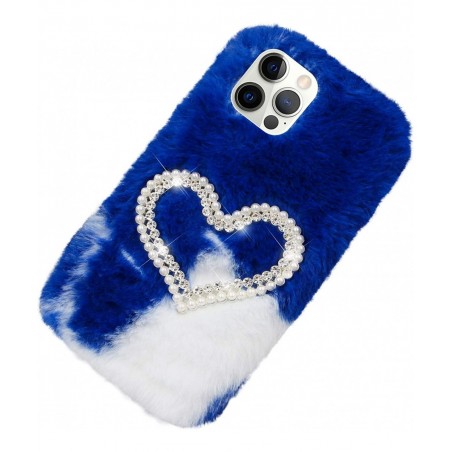 Plush Case for iPhone 12 Mini 5.4 Inch Cute Bling Pearl Diamond Double Love Heart Winter Warm Fluffy Handmade Fur Shell for G...