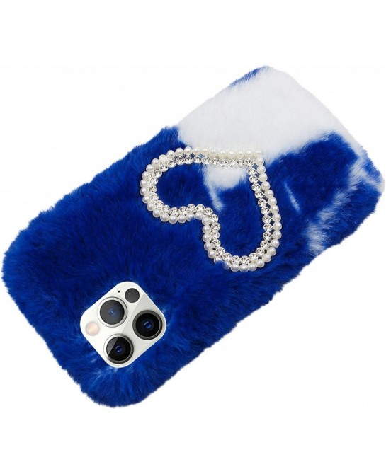 Plush Case for iPhone 12 Mini 5.4 Inch Cute Bling Pearl Diamond Double Love Heart Winter Warm Fluffy Handmade Fur Shell for G...