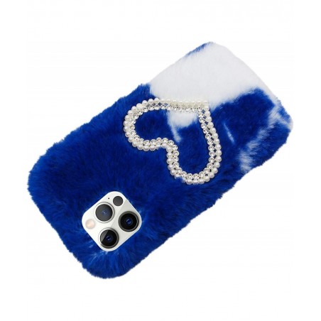 Plush Case for iPhone 12 Mini 5.4 Inch Cute Bling Pearl Diamond Double Love Heart Winter Warm Fluffy Handmade Fur Shell for G...