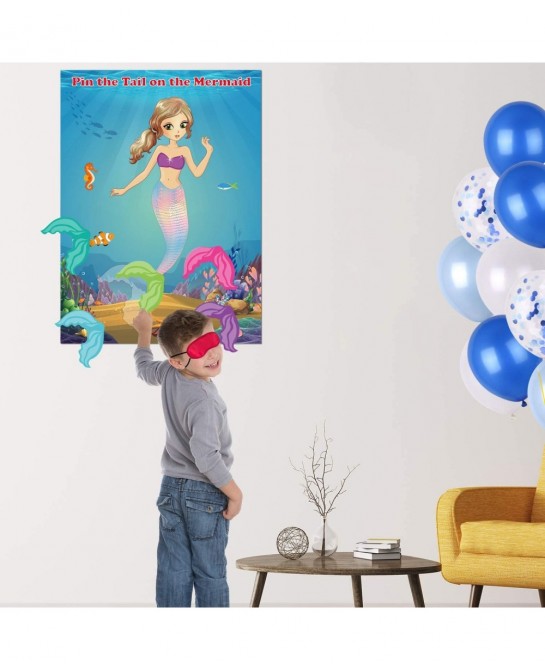 Mermaid Party Supplies Pin The Tail on The Mermaid Party Game with 24Pcs Tail Stickers for Mermaid Party Favors Kids Birthday...