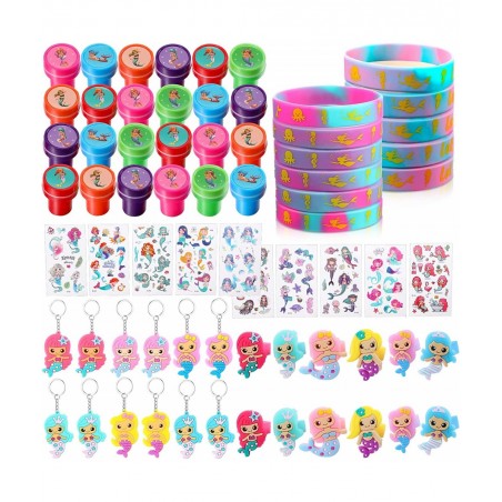 120 Pieces Mermaid Party Favor Set Mermaid Party Goodie Bag Fillers Mermaid Silicone Bracelet Stamper Keychain Rings Temporar...
