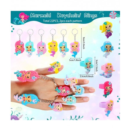 120 Pieces Mermaid Party Favor Set Mermaid Party Goodie Bag Fillers Mermaid Silicone Bracelet Stamper Keychain Rings Temporar...