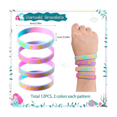 120 Pieces Mermaid Party Favor Set Mermaid Party Goodie Bag Fillers Mermaid Silicone Bracelet Stamper Keychain Rings Temporar...