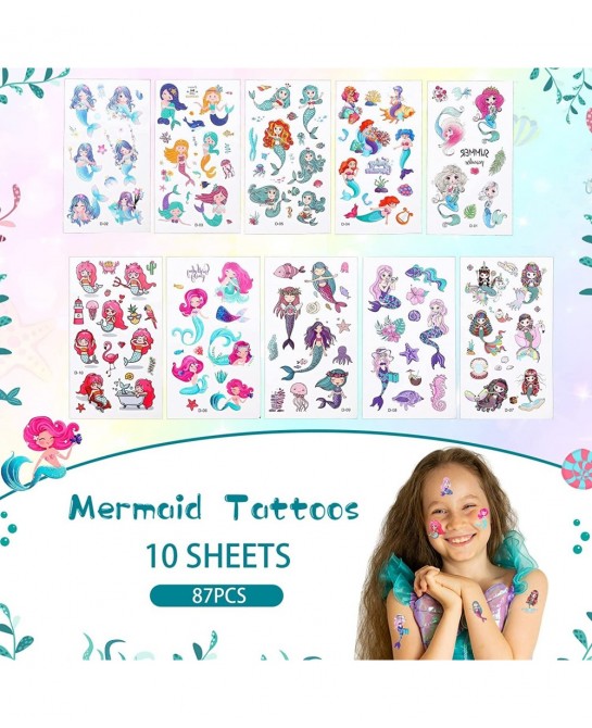 120 Pieces Mermaid Party Favor Set Mermaid Party Goodie Bag Fillers Mermaid Silicone Bracelet Stamper Keychain Rings Temporar...