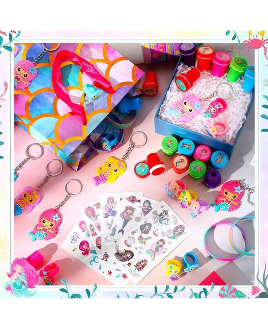 120 Pieces Mermaid Party Favor Set Mermaid Party Goodie Bag Fillers Mermaid Silicone Bracelet Stamper Keychain Rings Temporar...