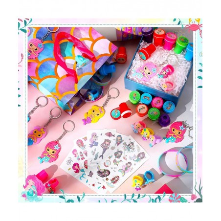 120 Pieces Mermaid Party Favor Set Mermaid Party Goodie Bag Fillers Mermaid Silicone Bracelet Stamper Keychain Rings Temporar...