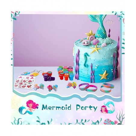 120 Pieces Mermaid Party Favor Set Mermaid Party Goodie Bag Fillers Mermaid Silicone Bracelet Stamper Keychain Rings Temporar...