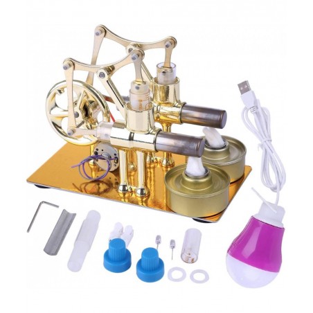 Metal Hot Double Cylinder Stirling Engine Model Bulb External Combustion Heat Steam Power Physics Science Experiment Engine M...