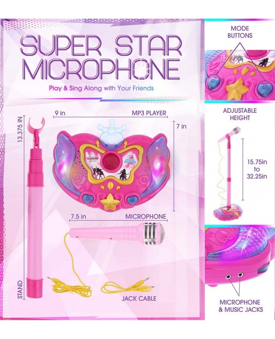 Super Star Playset Karaoke for Kids - Pink Microphone with Adjustable Mic Stand Buit-in Jack & Speaker for MP3 Player Play an...