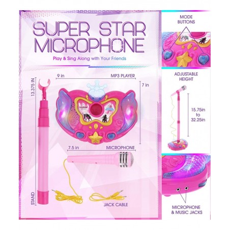 Super Star Playset Karaoke for Kids - Pink Microphone with Adjustable Mic Stand Buit-in Jack & Speaker for MP3 Player Play an...