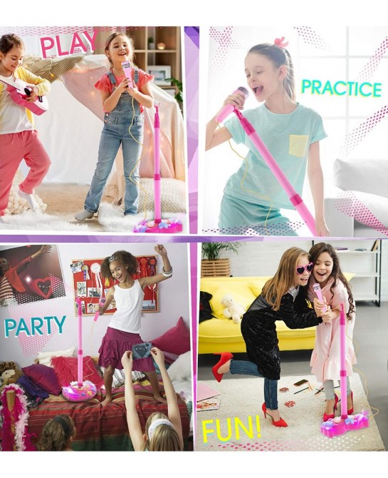 Super Star Playset Karaoke for Kids - Pink Microphone with Adjustable Mic Stand Buit-in Jack & Speaker for MP3 Player Play an...