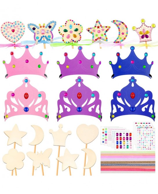 55 Piece Princess Wands Kit Include Wooden Wands for Crafts Gem Stickers Ribbons Foam Princess Tiaras and Wooden Crowns DIY H...